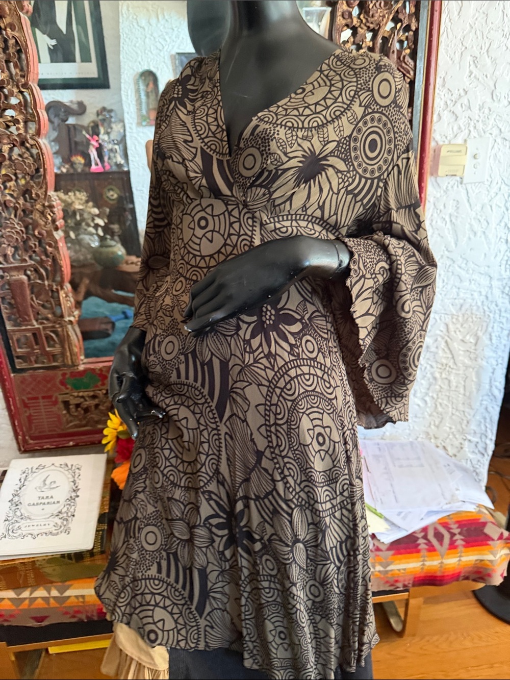 Brown Patterned Midi Dress with Bell Sleeves